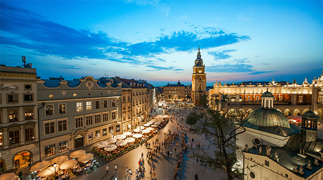 Krakow market square, Poland at sunset