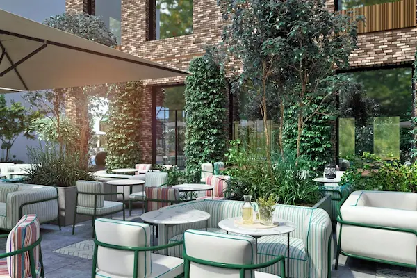 Udendørs terrasseområde på Belle Guldsmeden Aarhus